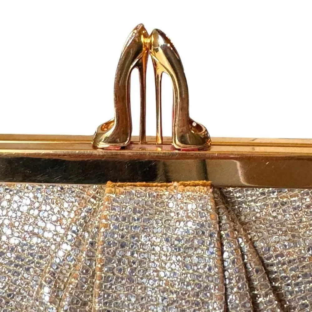 Christian Louboutin Gold Metallic Pleated Clutch Bag Sunburst Crown Frame Luxury